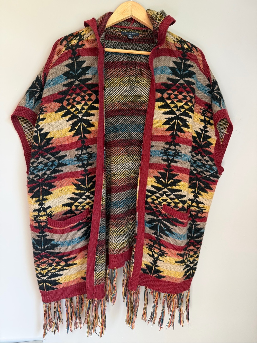 American Eagle Bohemian Fringe Hooded Open-Front cardigan poncho
